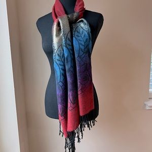 Multicolor Bontanical Floral Gold Woven Polyester Fringe Scarf Wear Many Ways